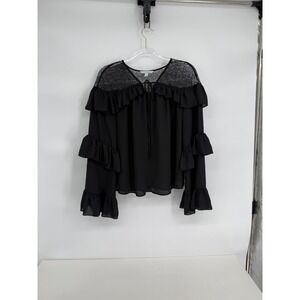 HM Womens Black Lace Yoke Ruffle Tiered Sleeve Tie Neck Blouse Top Sz L
